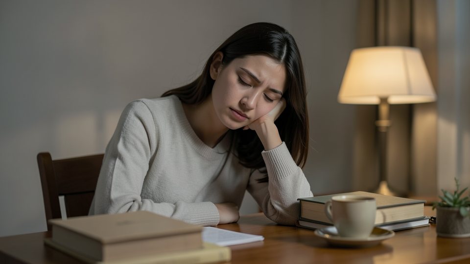 Erschöpfte junge Frau sitzt am Schreibtisch und stützt den Kopf in die Hand, neben ihr ein Stapel Bücher