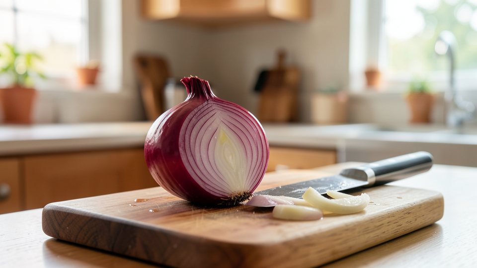 Aufgeschnittene rote Zwiebel auf einem Holzbrett mit Küchenmesser