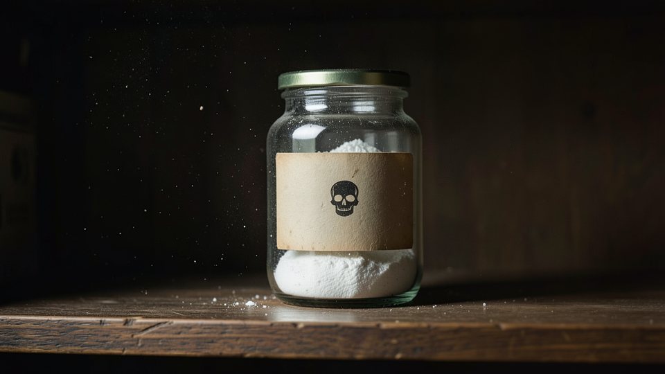 Weißes Pulver in einem alten Apothekergefäß aus Glas mit Totenkopf-Etikett auf einem dunklen Holzregal