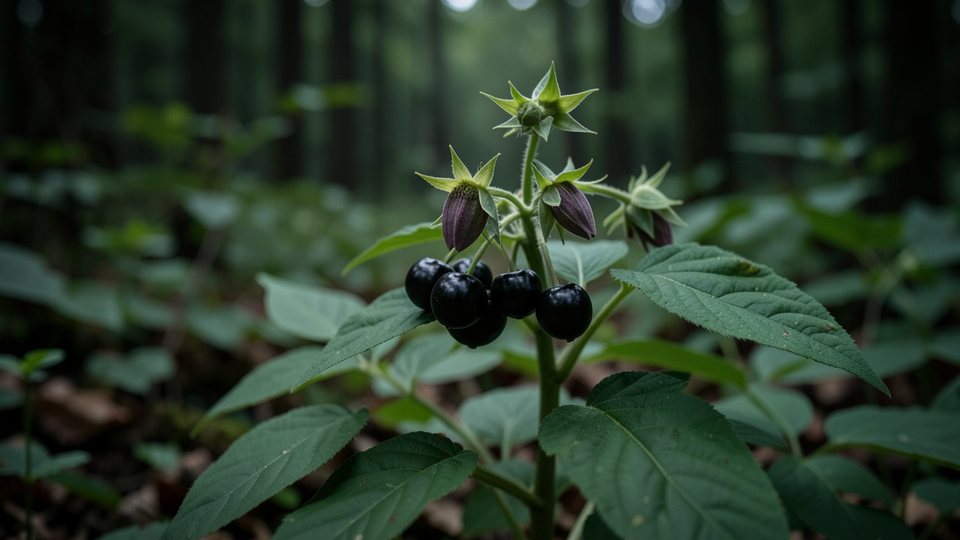 Zweig der Tollkirsche mit glänzend schwarzen Beeren und einer glockenförmigen violett-braunen Blüte im Wald
