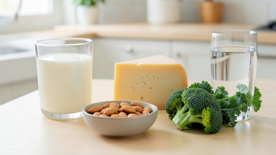 Glas Milch, Käse, Mandeln und grünes Gemüse als calciumreiche Lebensmittel auf einem hellen Küchentisch