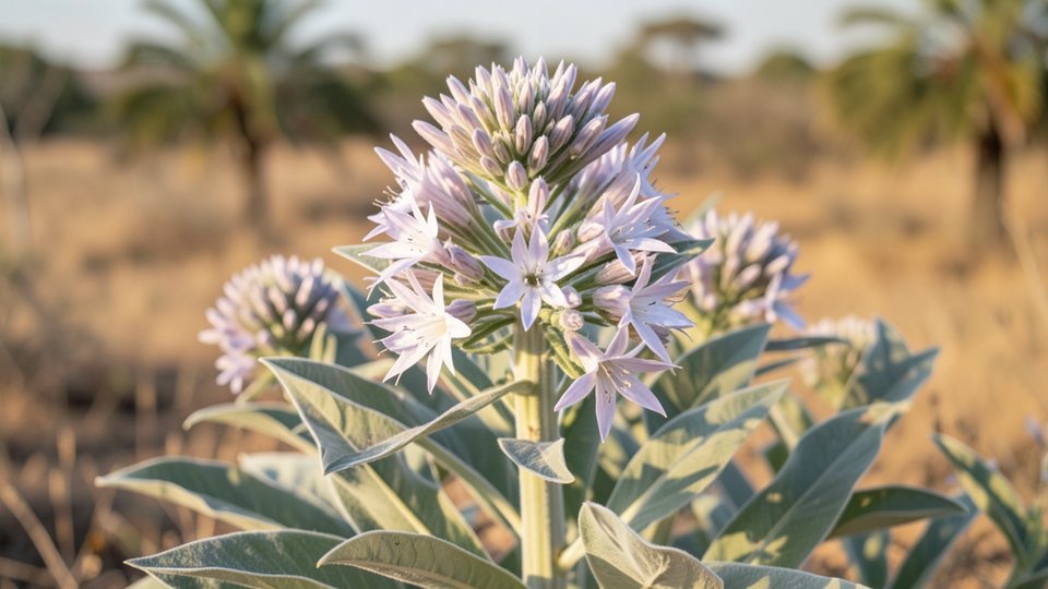 Blühender Oscherstrauch mit wachsartigen, hellviolett-weißen sternförmigen Blüten und großen graugrünen Blättern