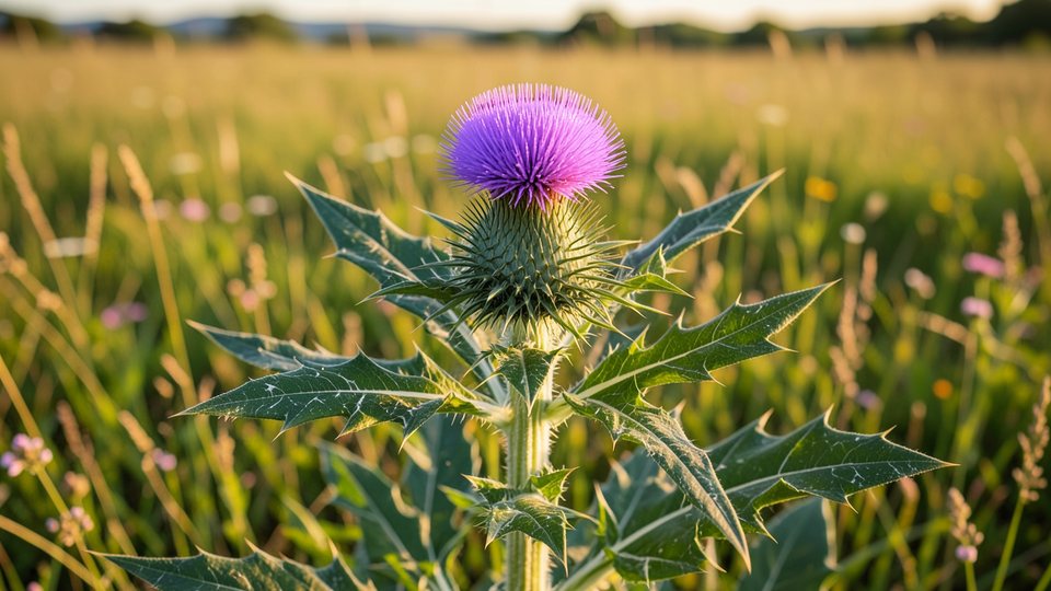Blühende Mariendistel mit purpurner Blüte und weiß geaderten, stacheligen Blättern auf einer sonnigen Wiese