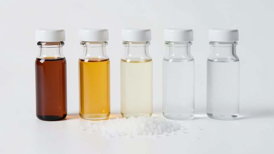 Sechs kleine Glasfläschchen in einer Reihe, von links nach rechts mit immer hellerer Flüssigkeit, davor weiße Globuli