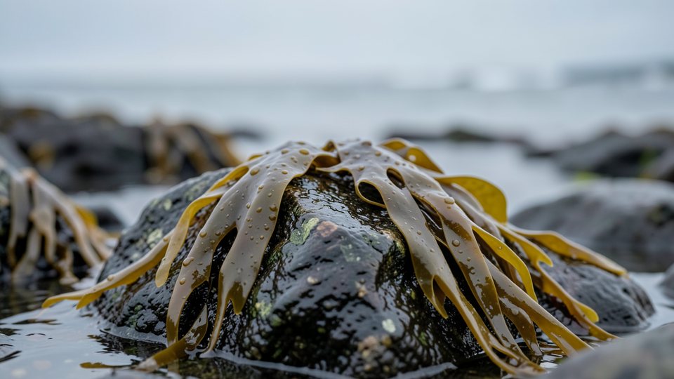 Blasentang mit olivbraunen Blättern und luftgefüllten Blasen auf nassen Felsen an der Nordseeküste
