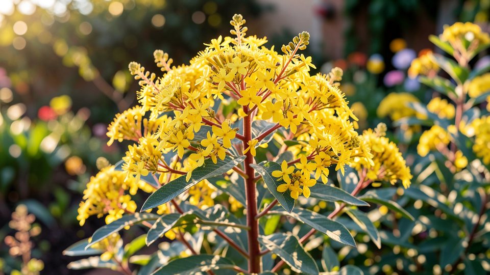 Strauch der Galphimia glauca mit leuchtend gelben, sternförmigen Blüten in einem mexikanischen Garten