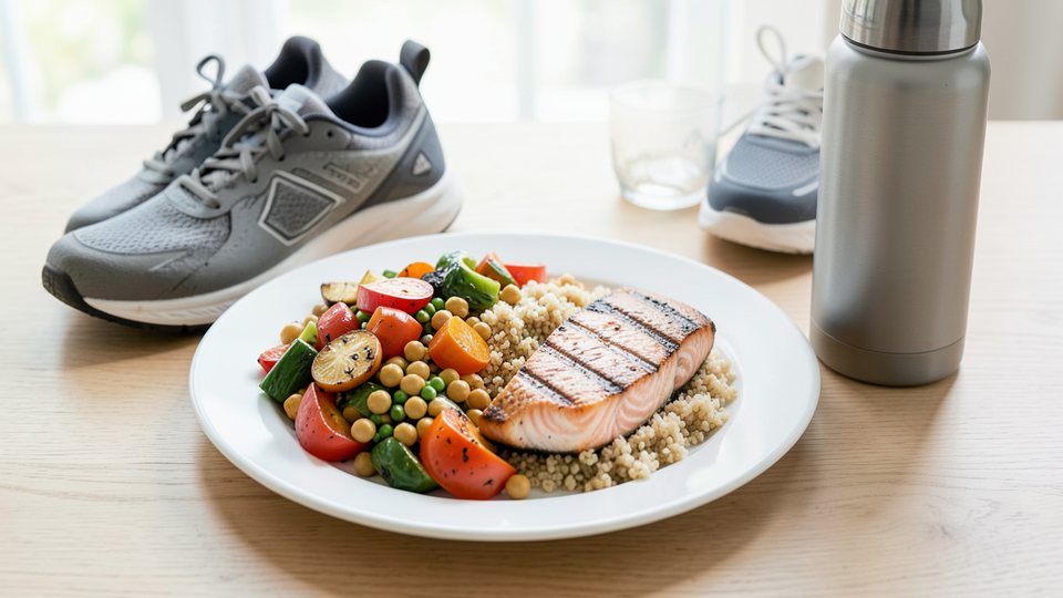 Gesunde Mahlzeit mit Gemüse, Hülsenfrüchten und Vollkorn auf einem Teller, daneben Laufschuhe und eine Wasserflasche