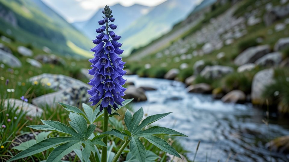 Blühender Blauer Eisenhut mit tiefblauen, helmförmigen Blüten an einem Bachufer in den Bergen