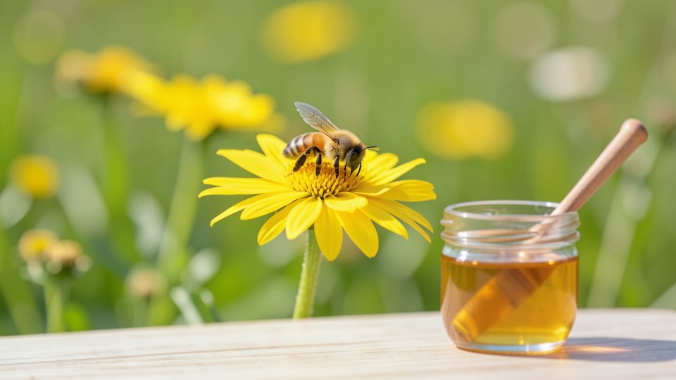 Honigbiene sitzt auf einer gelben Blüte, daneben ein Glas mit Honig auf einem hellen Holztisch