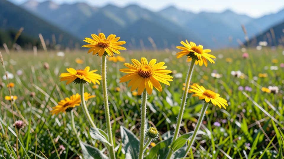 Leuchtend gelb-orange Arnika-Blüten auf einer Bergwiese in den Alpen