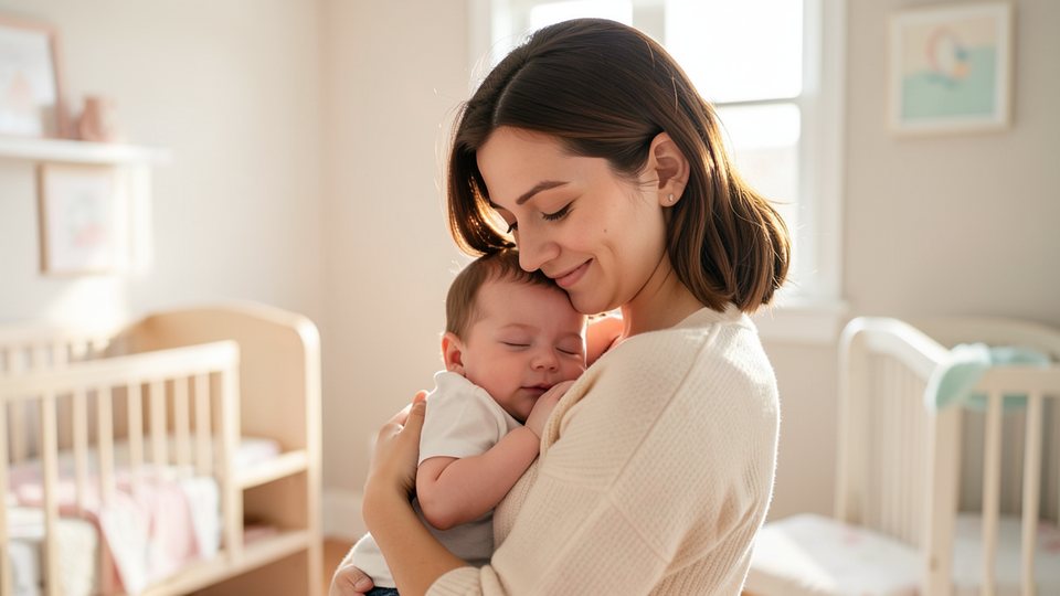 Mutter hält ihr schlafendes Baby an der Schulter, im Hintergrund ein helles Kinderzimmer