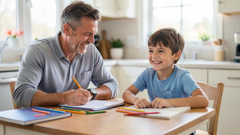 Vater und Sohn sitzen gemeinsam am Küchentisch und machen Hausaufgaben, der Junge zappelt fröhlich auf dem Stuhl