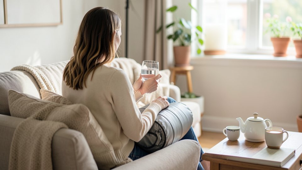 Eine Frau sitzt zu Hause auf dem Sofa mit einem Glas Wasser, einer Wärmflasche und einer Teekanne neben sich.