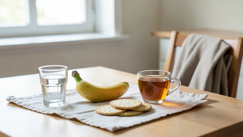 Glas Wasser, Tasse Tee und eine Banane auf einem hellen Küchentisch als Symbol für Flüssigkeit und leichte Kost bei Durchfall