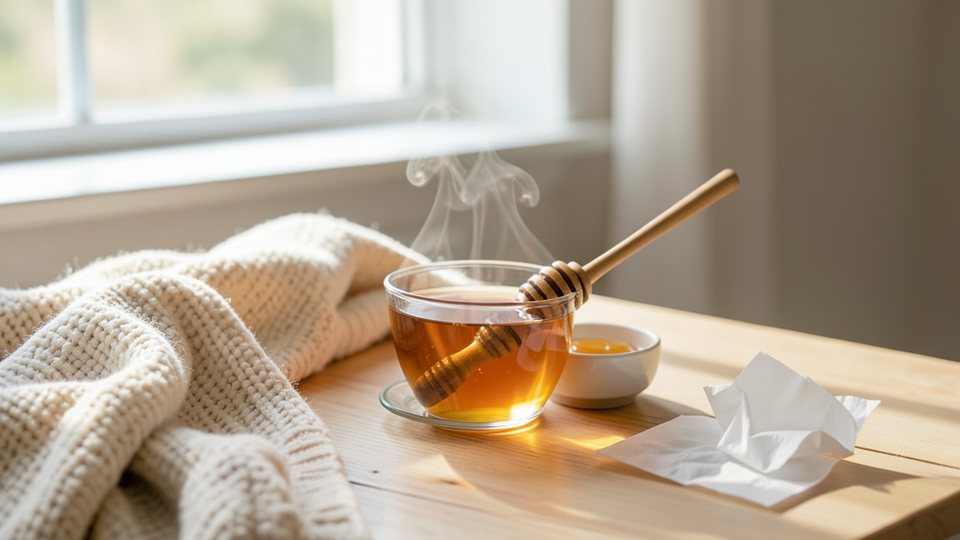 Eine Tasse warmer Tee mit einem Honiglöffel auf einem Holztisch neben einer Strickdecke und Taschentüchern