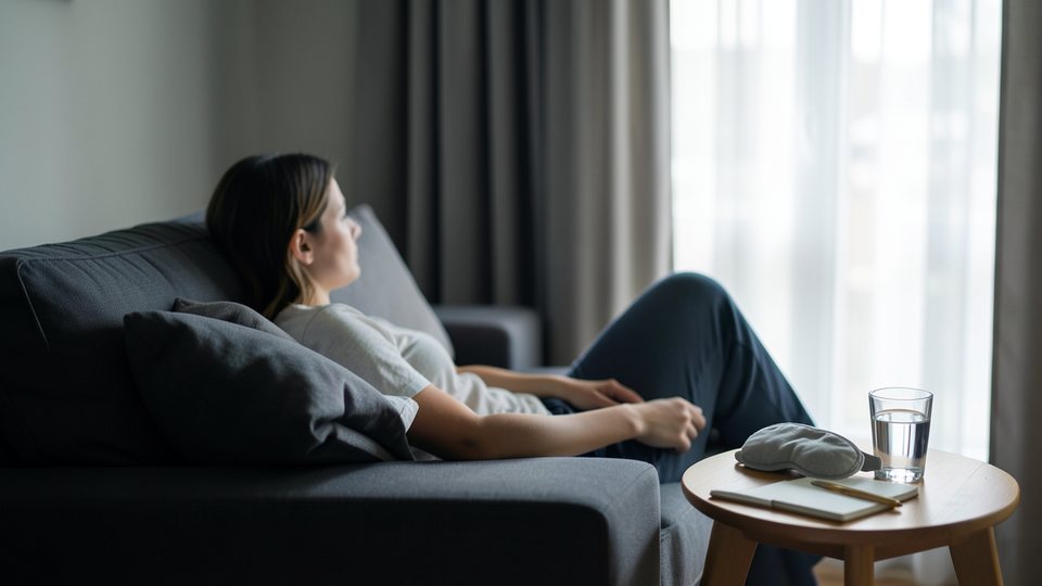 Eine Person ruht sich in einem abgedunkelten Zimmer auf dem Sofa aus, neben ihr stehen ein Glas Wasser und eine Schlafmaske.