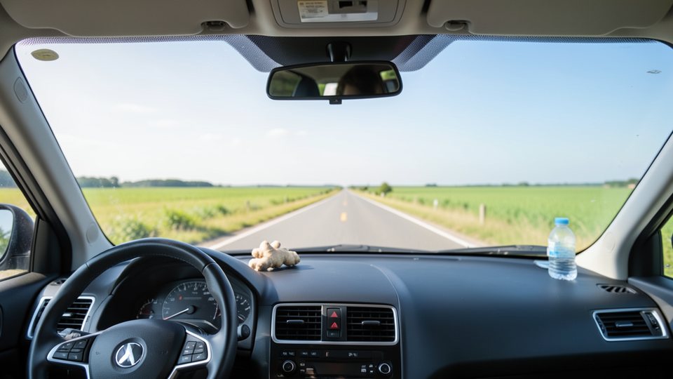 Blick aus dem Autofenster auf eine weite Landschaft mit Horizont an einem sonnigen Tag