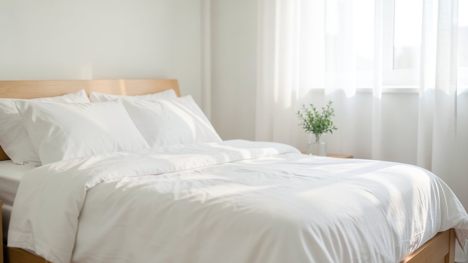 Ruhiges, helles Schlafzimmer mit gemachtem Bett, Nachttisch und einem Glas Wasser am Morgen