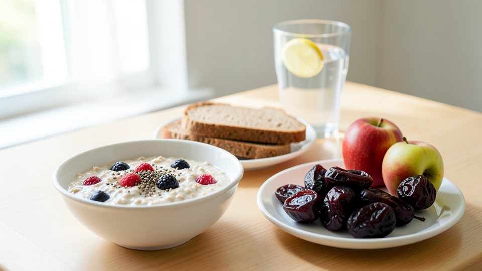 Frühstückstisch mit Vollkornbrot, Haferflocken, frischem Obst, Leinsamen und einem Glas Wasser.