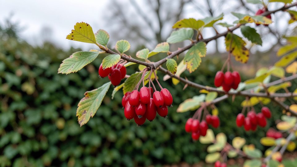 Zweig der Gewöhnlichen Berberitze mit leuchtend roten, länglichen Beeren und kleinen grünen Blättern im Herbst