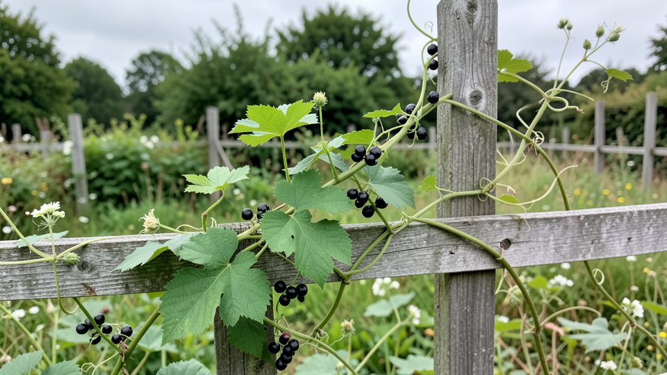 Weiße Zaunrübe mit Ranken, gelappten Blättern und schwarzen Beeren an einem Gartenzaun