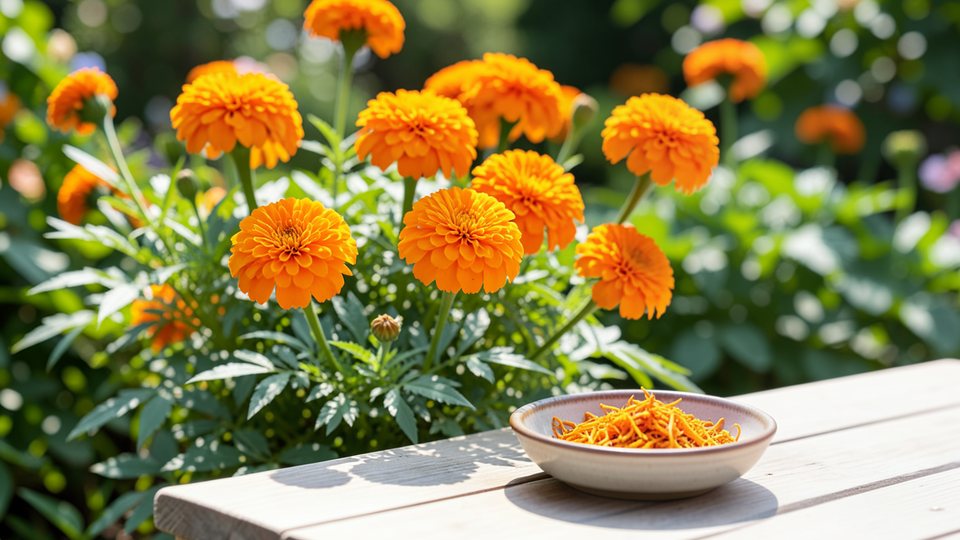 Leuchtend orange blühende Ringelblumen in einem sonnigen Garten, daneben eine kleine Schale mit getrockneten Blüten