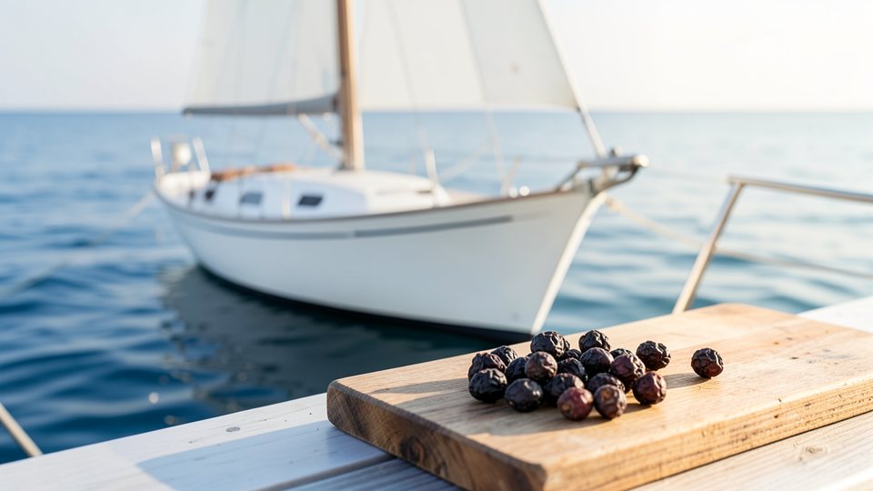 Ein Segelschiff auf ruhigem Meer bei Sonnenschein, im Vordergrund ein Holzbrett mit getrockneten, runzligen dunklen Kokkelskörnern