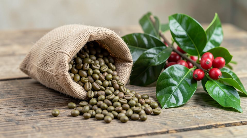 Grüne, ungeröstete Kaffeebohnen in einem Jutesack neben einem Kaffeezweig mit roten Kirschen