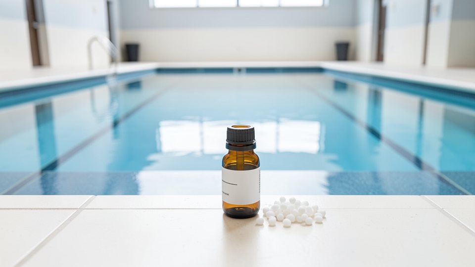 Braunes Apothekenfläschchen mit weißen Globuli, daneben ein Messbecher mit Wasser vor einem großen Schwimmbecken im Hintergrund