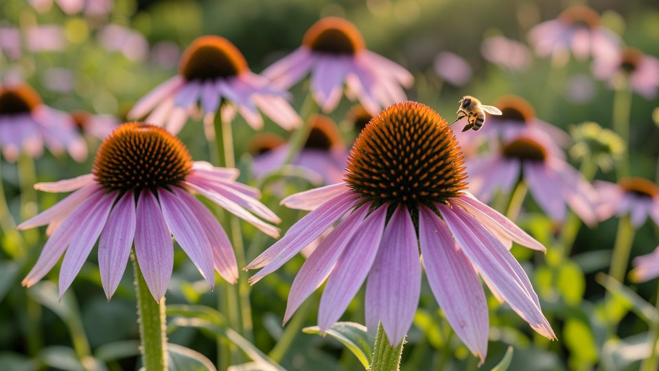 Purpur-Sonnenhut mit rosa-violetten Blütenblättern und orange-braunem, stacheligem Blütenkopf im Sommergarten