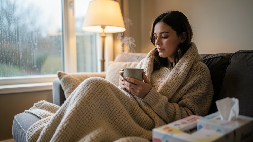 Erkältete Frau in eine Decke gehüllt auf dem Sofa mit einer Tasse Tee und Taschentüchern