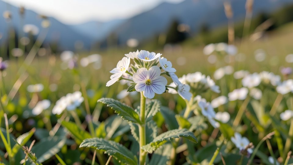 Kleine weiße Blüten des Augentrosts mit violetten Adern und gelbem Fleck auf einer Bergwiese