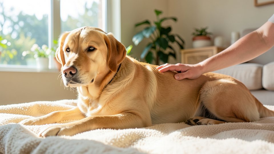Ein Labrador liegt entspannt auf einer Decke im hellen Wohnzimmer, daneben die Hand seines Halters.