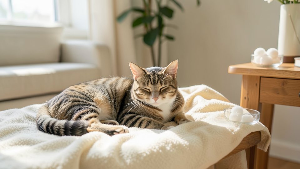 Eine entspannte getigerte Katze liegt auf einer hellen Decke am Fenster, daneben steht ein kleines Glasschälchen mit weißen Kügelchen.