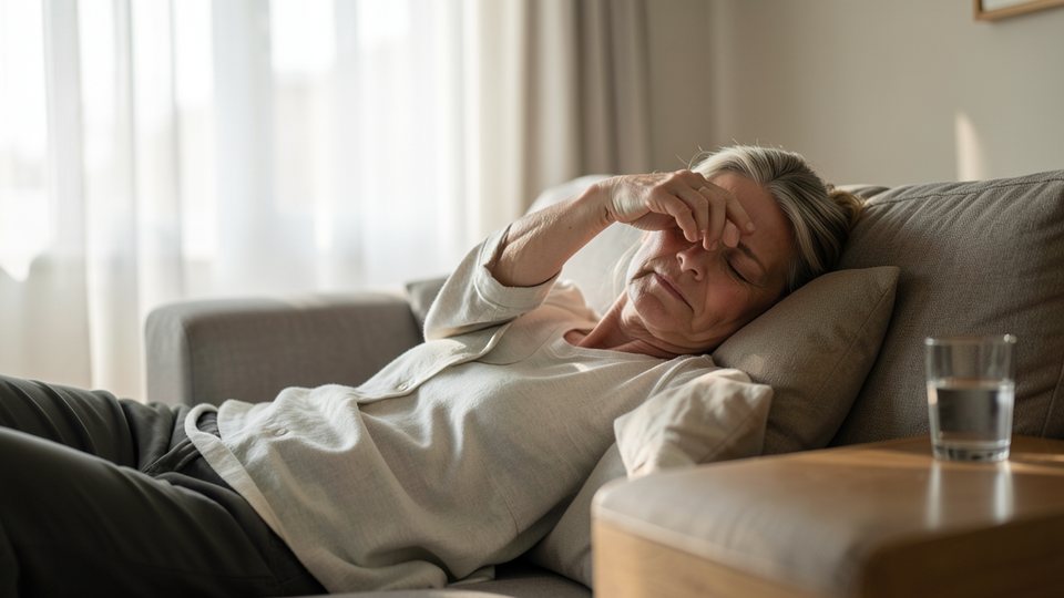 Erschöpfte Frau liegt am Nachmittag auf dem Sofa, den Arm über den Augen, neben ihr ein Glas Wasser