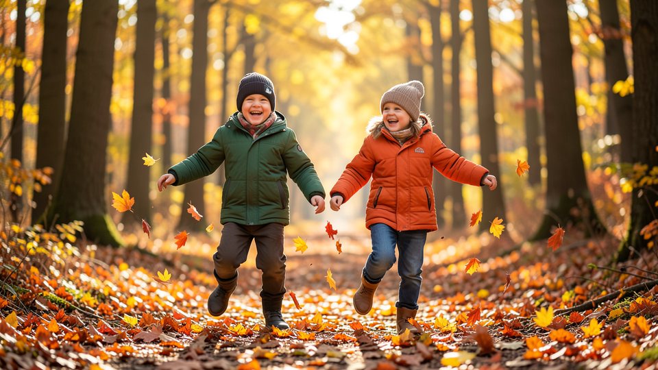 Familie mit Kindern beim Herbstspaziergang im Wald, alle in warmen Jacken, die Kinder springen durch das Laub