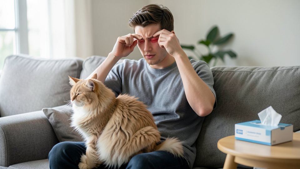 Junger Mann reibt sich die geröteten Augen, auf seinem Schoß eine Katze, auf dem Tisch eine Packung Taschentücher
