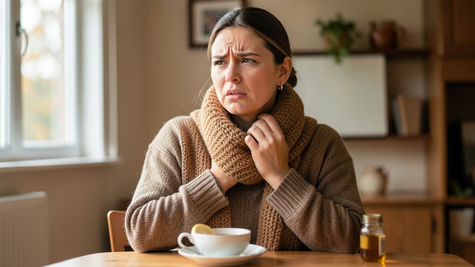 Frau mit Schal hält sich den Hals, vor ihr eine Tasse Tee mit Honig und Zitrone