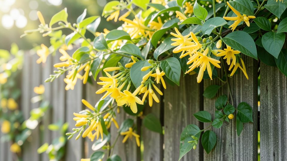Gelb blühende Ranken des Gelben Jasmins mit trichterförmigen Blüten und glänzenden grünen Blättern im weichen Tageslicht