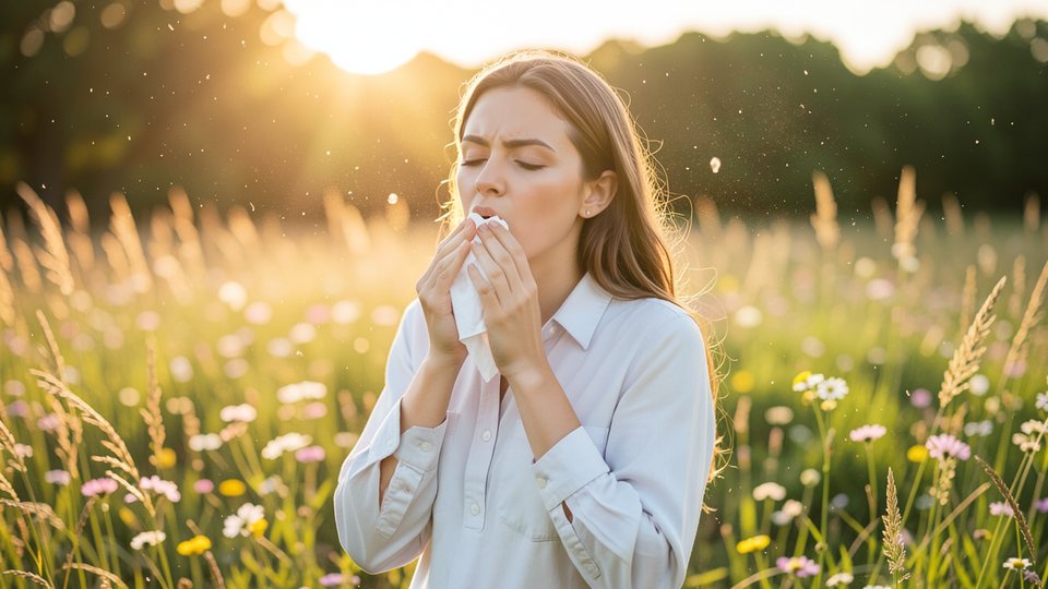 Frau niest in ein Taschentuch auf einer blühenden Frühlingswiese, im Gegenlicht fliegen Pollen