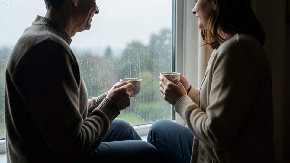 Person sitzt nachdenklich am Fenster und blickt in einen regnerischen Tag hinaus
