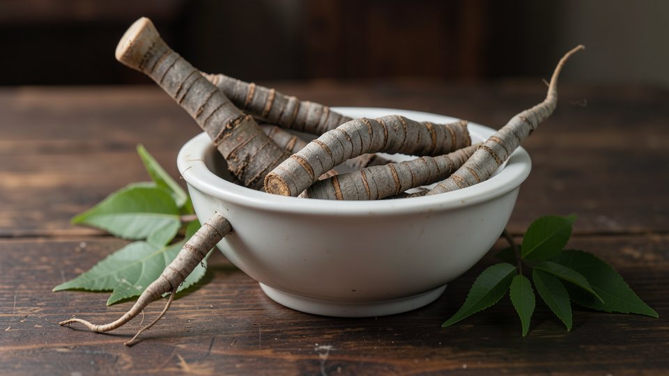 Getrocknete, geringelte Ipecacuanha-Wurzeln in einer alten Apothekerschale aus Porzellan