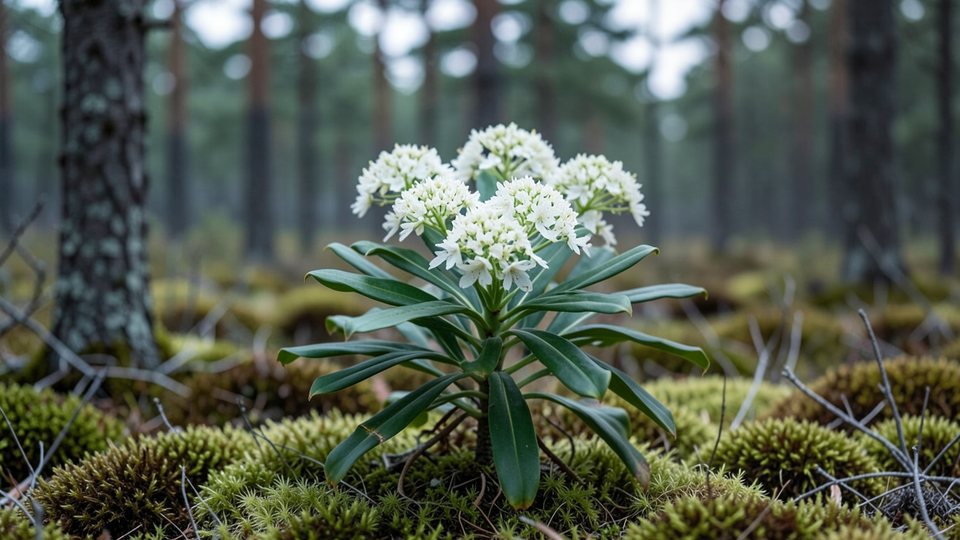 Blühender Sumpfporst mit weißen Blütendolden und schmalen, eingerollten Blättern in einem Moor