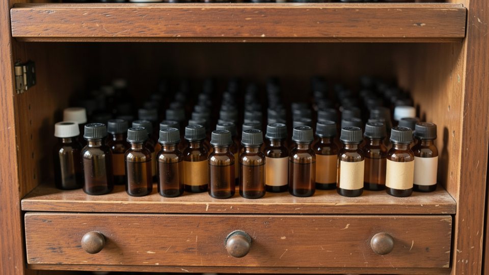 Viele kleine braune Apothekenfläschchen ohne Etiketten in Reihen in einem alten Holzregal