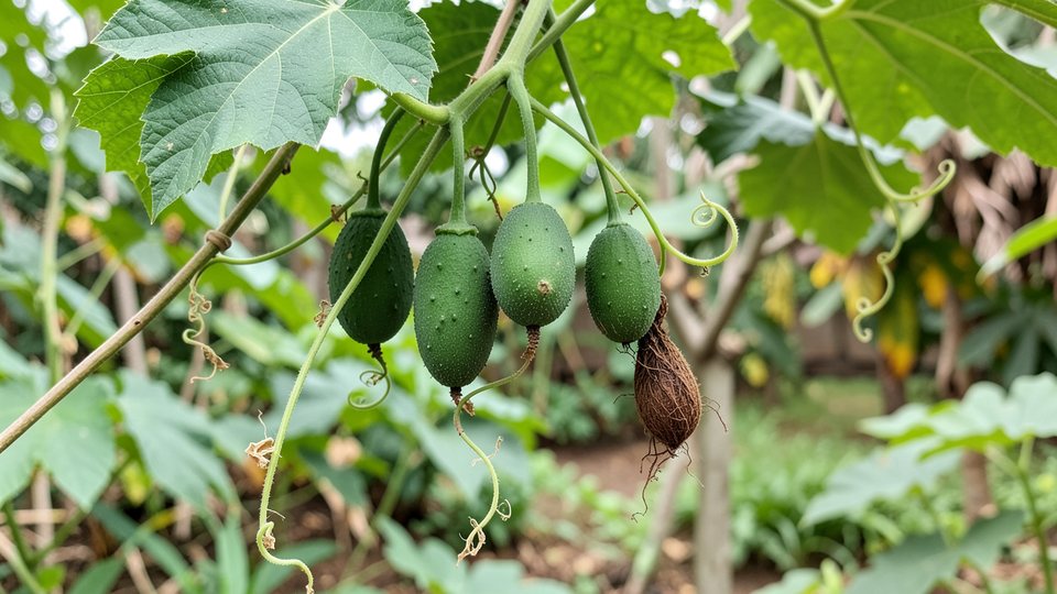 Kleine, ovale, stachelige Früchte der Luffa operculata an einer Kletterpflanze