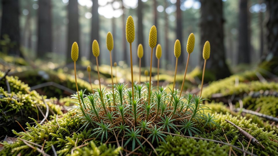 Keulen-Bärlapp mit aufrechten gelblichen Sporenähren auf moosigem Waldboden