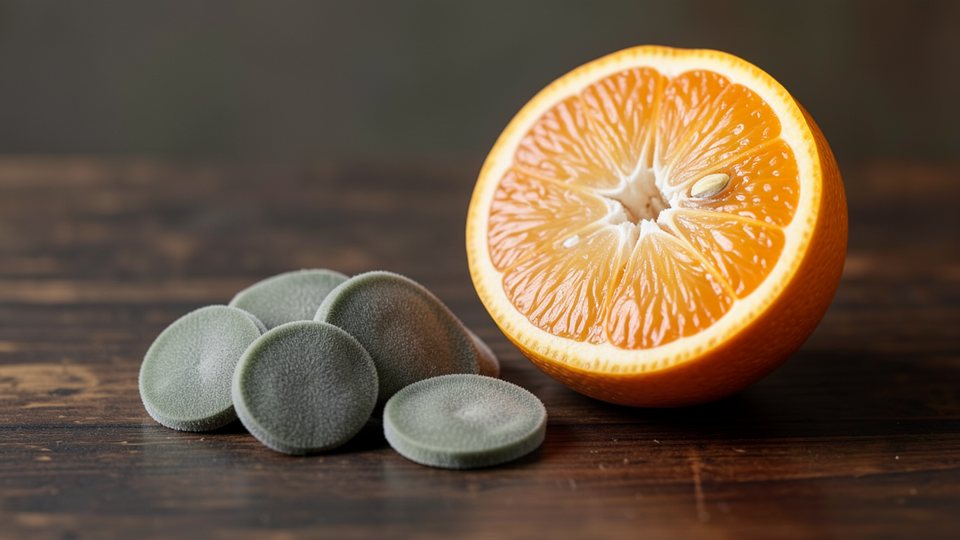 Flache, graugrüne, samtig behaarte Samen der Brechnuss neben einer orangefarbenen Frucht des Brechnussbaums