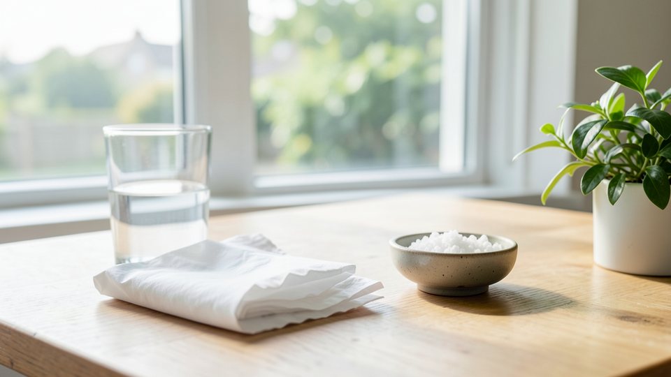 Heller Holztisch mit einem Glas Wasser, einem Taschentuch und einer kleinen Schale mit weißen Streukügelchen vor einem Fenster