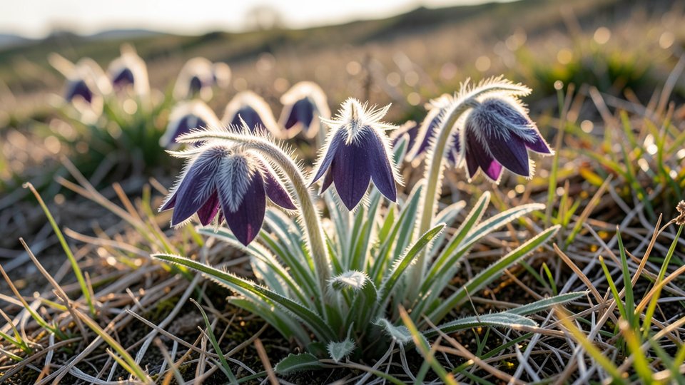 Wiesen-Kuhschelle mit nickenden, dunkelvioletten, glockenförmigen Blüten und silbrig behaarten Stängeln im Frühling