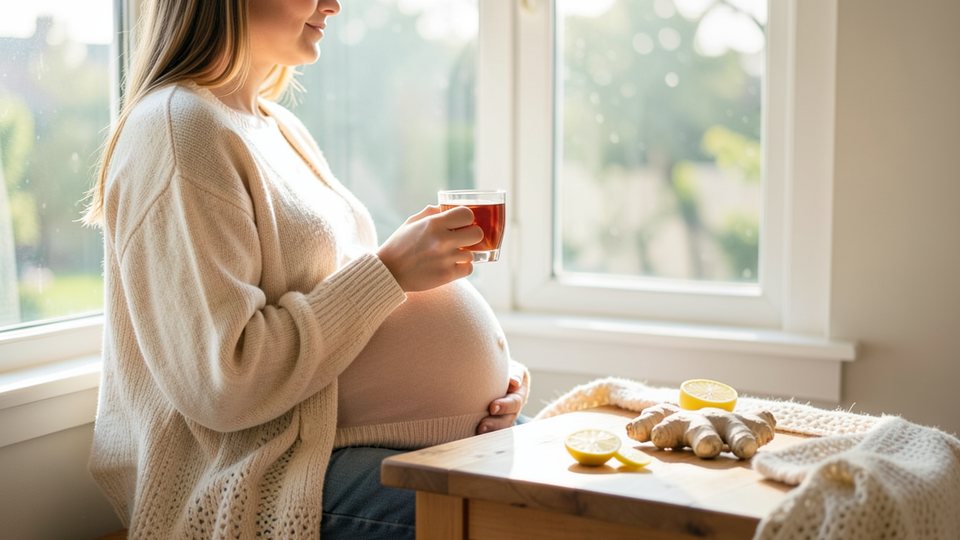 Schwangere Frau sitzt entspannt am Fenster mit einer Tasse Ingwertee und frischem Ingwer auf dem Tisch.